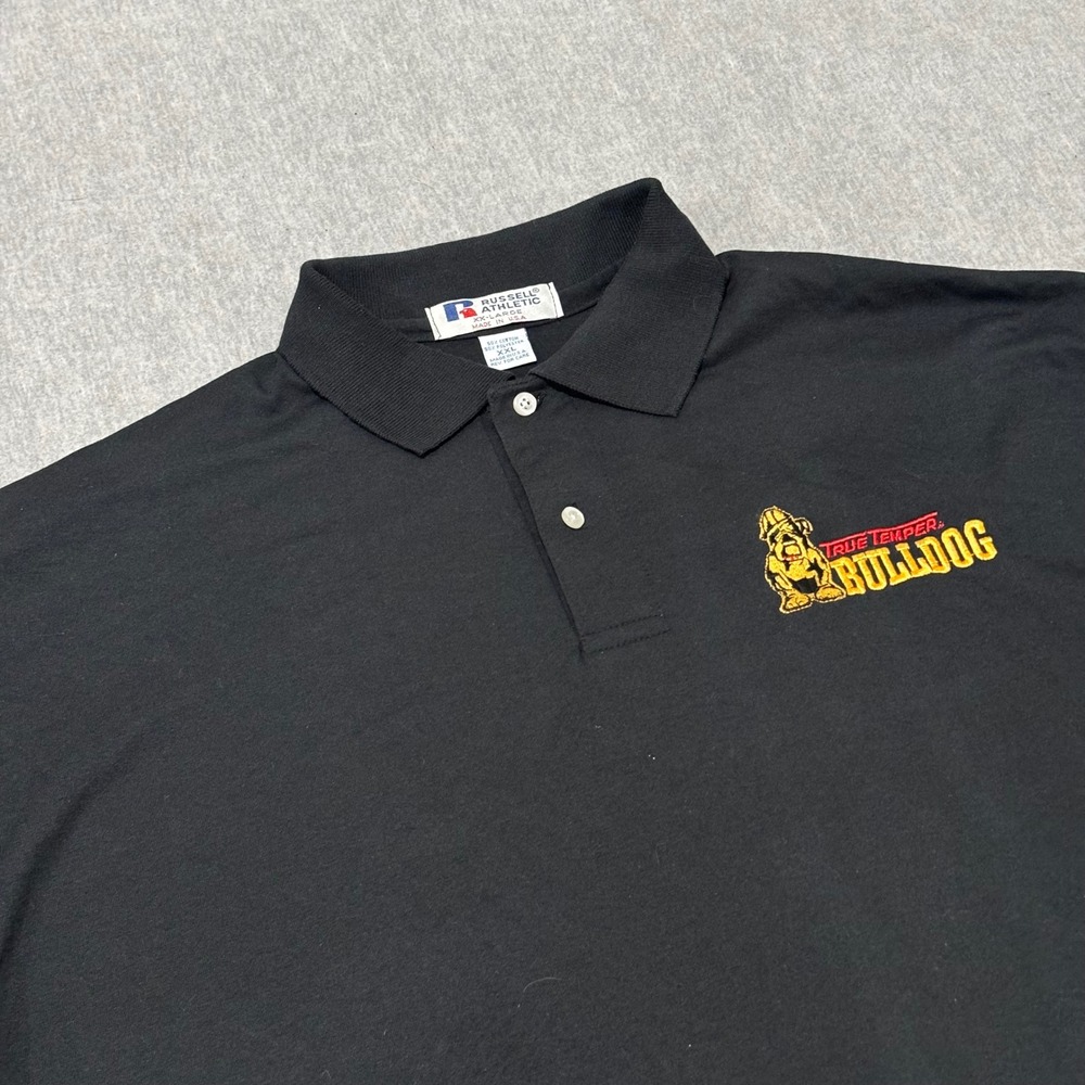 Vintage Russell Athletic‎ Mens XXL Black Polo Shirt True Temper Bulldog Made USA
